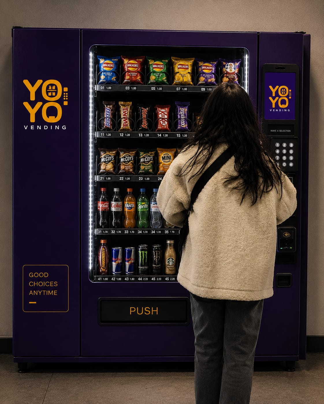 A person buying a snack from a YOYO vending machine